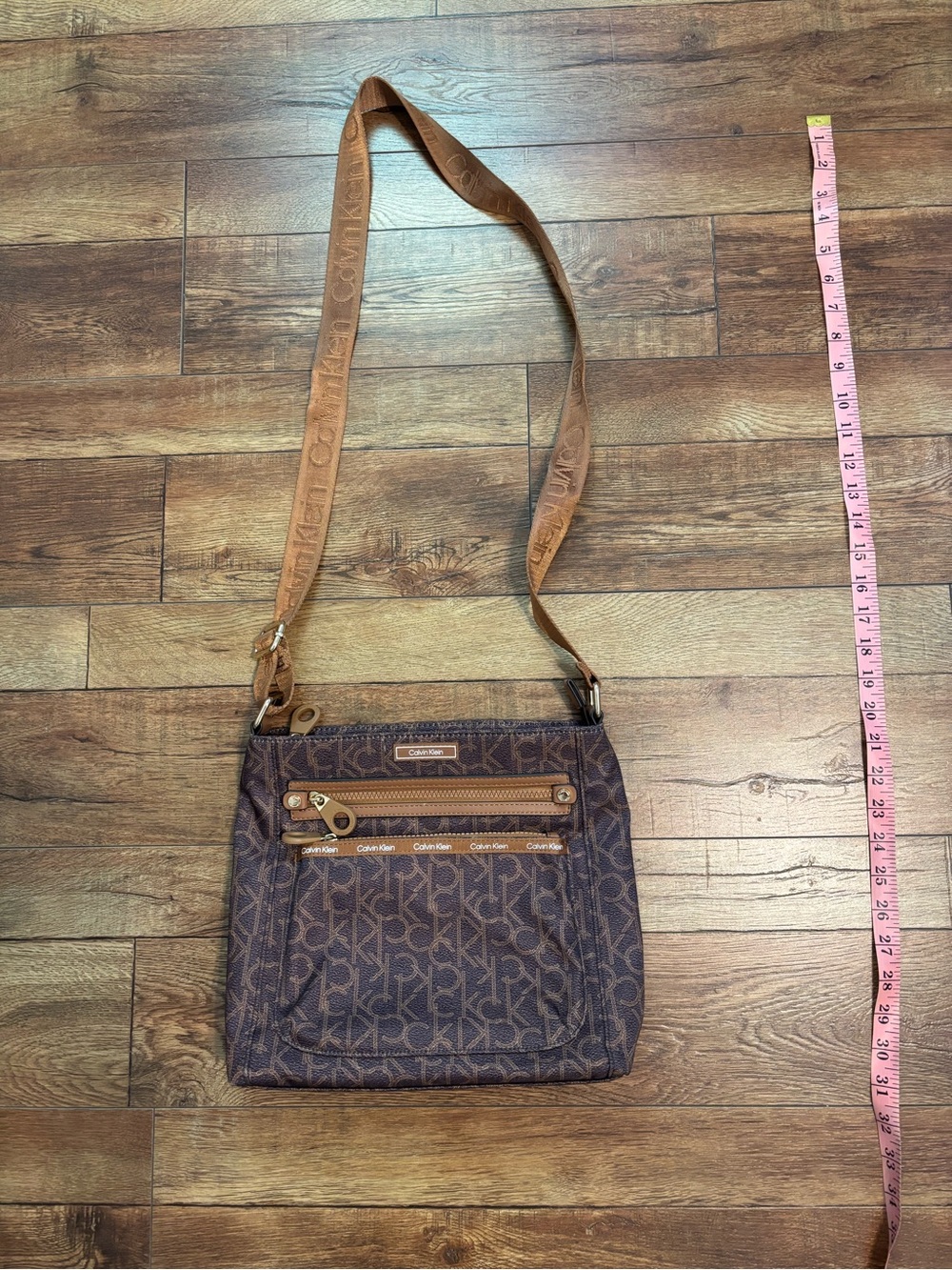 Calvin Klein Brown Monogram Crossbody Bag with Tan Strap